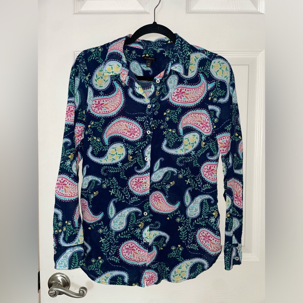 Talbots Navy Paisley Print Button-Down Shirt